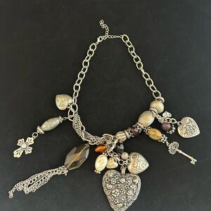 Silver Heart Charm Statement Necklace - Women Jewelry